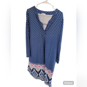 Ekouaer Blue Boho Print Long Sleeve Tunic Dress Size XL